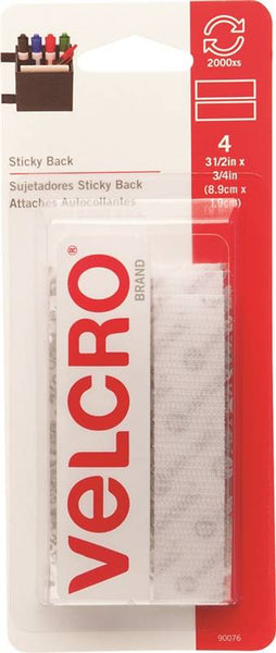 VELCRO Brand 90076 Fastener, 3/4 in W, 3-1/2 in L, Nylon, White, Rubber Adhesive