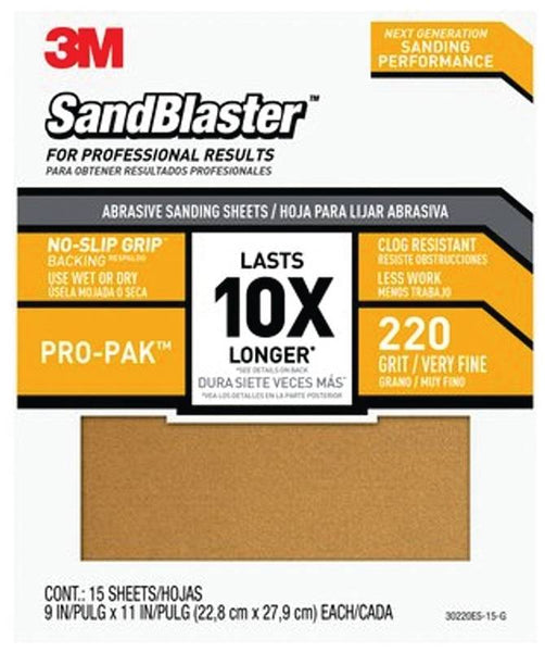 3M SandBlaster Series 30220ES-15-G Wet/Dry Abrasive Sandpaper, 11 in L, 9 in W, 220 Grit, Very Fine
