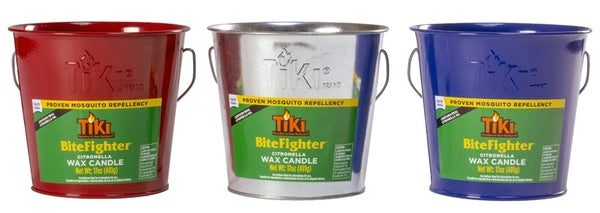TIKI 1418094 Wax Bucket Candle, Blue/Red/Silver, Citronella, 35 hr Burn Time, 17 oz