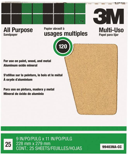 3M 99403NA-CC Sandpaper, 11 in L, 9 in W, Extra Coarse, 120 Grit, Aluminum Oxide Abrasive, Paper Backing