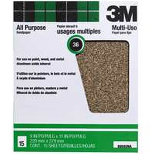 3M 88593NA-15 Sandpaper Sheet, 11 in L, 9 in W, Extra Coarse, 36 Grit, Aluminum Oxide Abrasive, Paper Backing