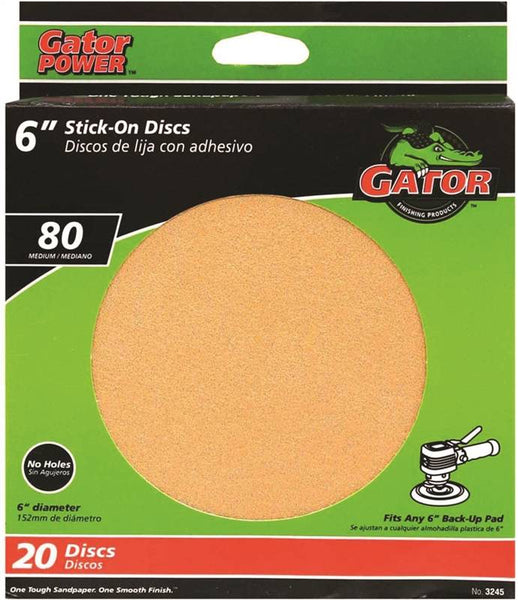 Gator 3245 Sanding Disc, 6 in Dia, Coated, 80 Grit, Medium, Aluminum Oxide Abrasive, Paper Backing