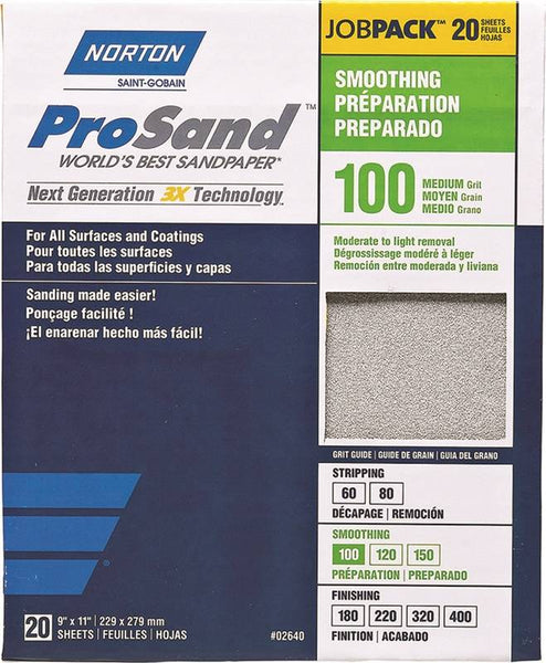 NORTON ProSand 07660768173 Sanding Sheet, 11 in L, 9 in W, Medium, 100 Grit, Aluminum Oxide Abrasive