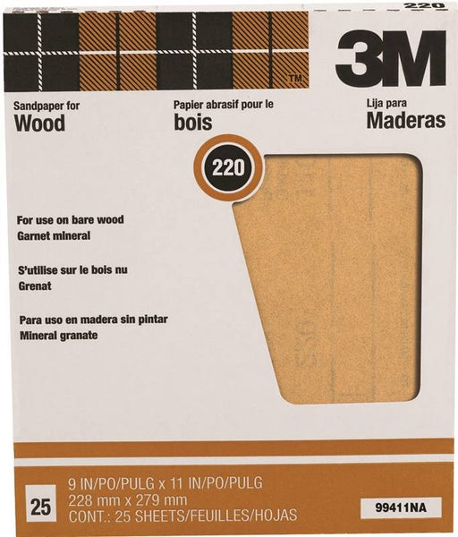 3M 99411NA Sandpaper, 11 in L, 9 in W, Extra Fine, 220 Grit, Garnet Abrasive, Paper Backing