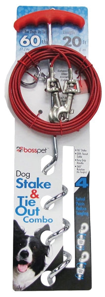 Boss Pet PDQ 01316 Tie-Out/Spiral Stake Combo, 20 ft L Belt/Cable, Steel, For: Large dogs up to 60 lb