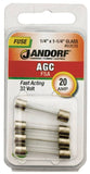 Jandorf 60639 Fast Acting Fuse, 20 A, 32 V, 1 kA Interrupt, Glass Body