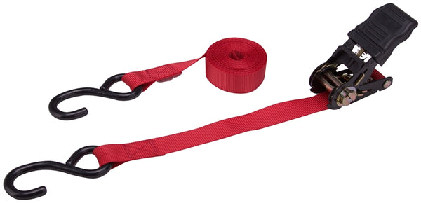 ProSource FH64056 Tie-Down, 1 in W, 14 ft L, Polyester Webbing, Metal Ratchet, Red, 500 lb, S-Hook End Fitting