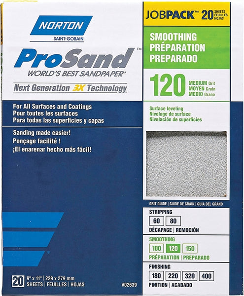 NORTON ProSand 07660768172 Sanding Sheet, 11 in L, 9 in W, Medium, 120 Grit, Aluminum Oxide Abrasive