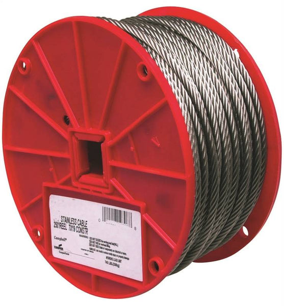 Campbell 7000826 Aircraft Cable, 1/4 in Dia, 250 ft L, 1280 lb Working Load, 304 Stainless Steel