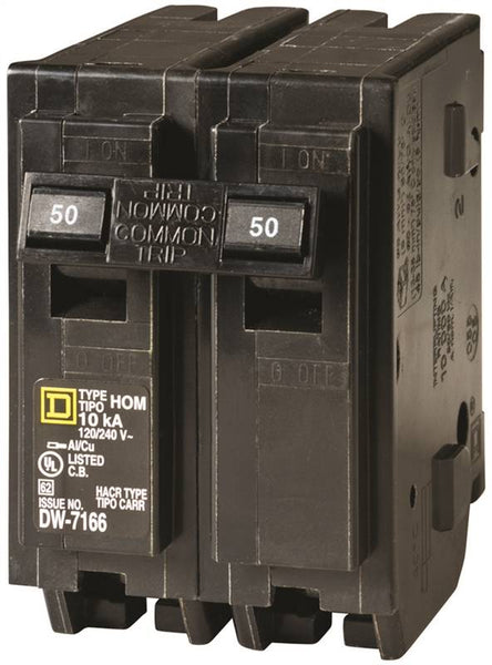 Square D Homeline HOM250CP Circuit Breaker, Mini, 50 A, 2 -Pole, 120/240 V, Fixed Trip, Plug Mounting, Black