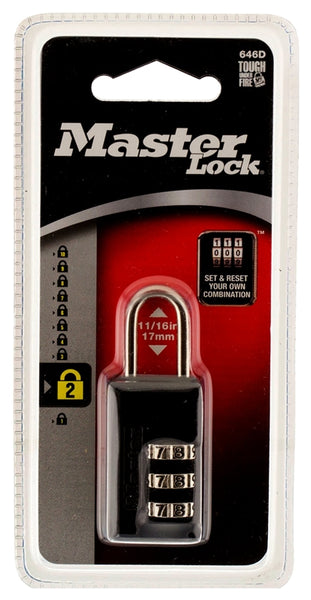 Master Lock 646D Padlock, 1/8 in Dia Shackle, 11/16 in H Shackle, Steel Shackle, Zinc Body, 13/16 in W Body