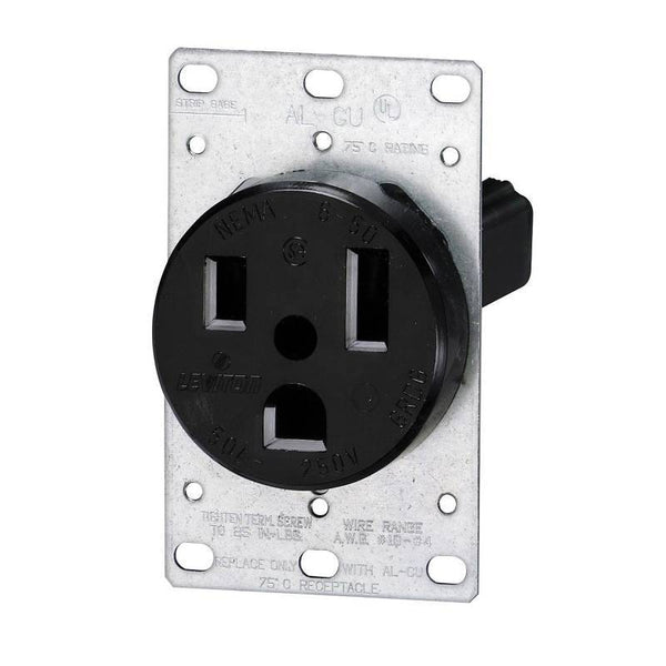 Leviton R10-05374-S00 Electrical Receptacle, 2 -Pole, 125/250 V, 50 A, NEMA: NEMA 6-50R, Black