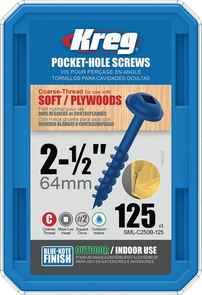 Kreg Blue-Kote SML-C250B-125 Pocket-Hole Screw, #8 Thread, Coarse Thread, Maxi-Loc Head, Square Drive, Carbon Steel