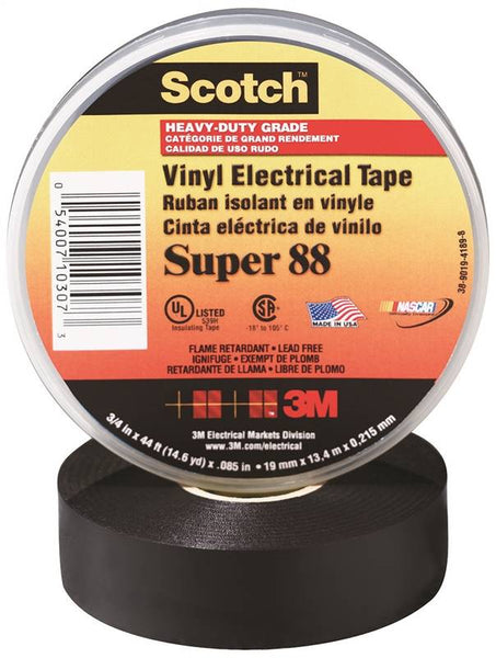 Scotch 88 Electrical Tape, 66 ft L, 3/4 in W, PVC Backing, Black