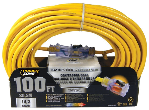 PowerZone Contractor Cord, 14 AWG Cable, 100 ft L, 13 A, 125 V, Yellow