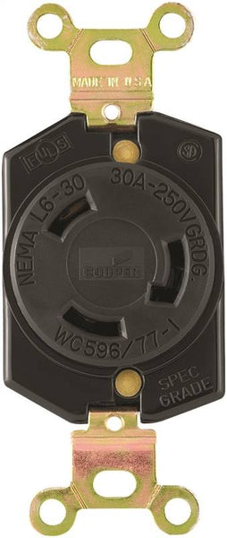 Eaton Wiring Devices L630R Single Receptacle, 2 -Pole, 250 V, 30 A, Back and Side Wiring, NEMA: NEMA L6-30, Black