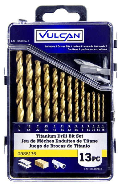 Vulcan 211560OR Carded Drill Bit Set, 13-Piece, High Speed Steel/Titanium Nitride, Bright Yellow