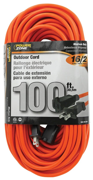 PowerZone OR481635 Outdoor Extension Cord, 16 AWG Wire, 100 ft L, Orange Sheath