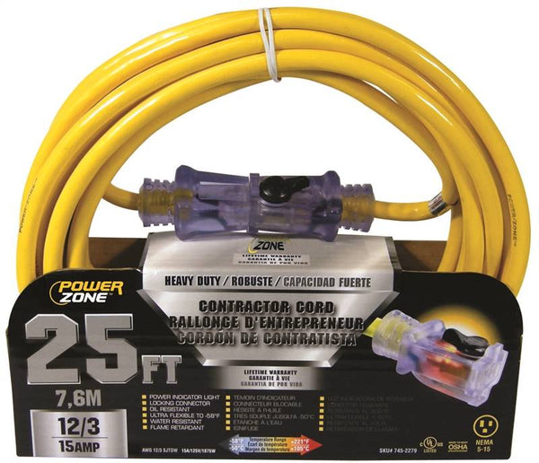 PowerZone Contractor Cord, 12 AWG Cable, 25 ft L, 15 A, 125 V, Yellow