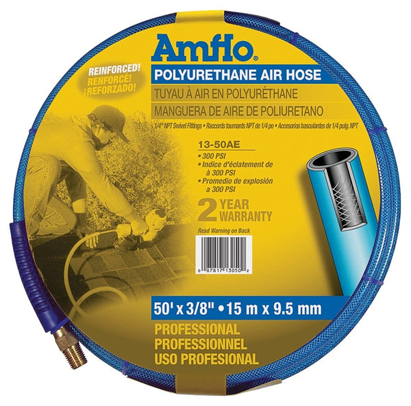Amflo 13-50AE Air Hose, 3/8 in OD, 50 ft L, MNPT, 300 psi Pressure, Polyurethane, Blue