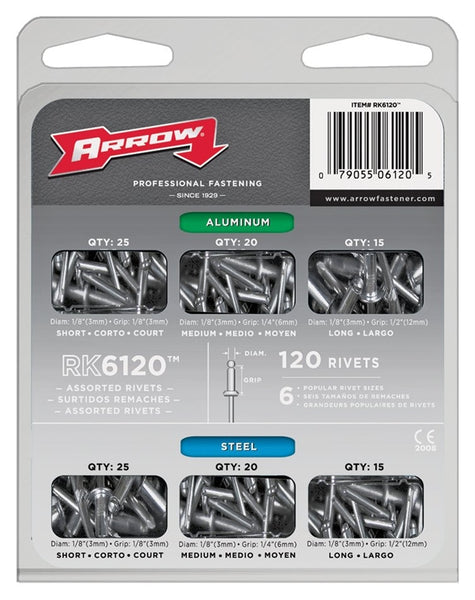 Arrow RK6120 Rivet Assortment Pack, Aluminum/Steel