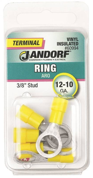 Jandorf 60994 Ring Terminal, 12 to 10 AWG Wire, 3/8 in Stud, Vinyl Insulation, Copper Contact, Yellow