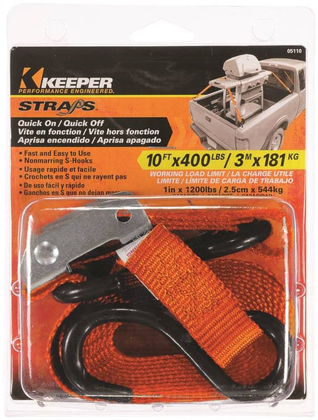 KEEPER 05110 Tie-Down, 1 in W, 10 ft L, Nylon, Orange, 400 lb, S-Hook End Fitting