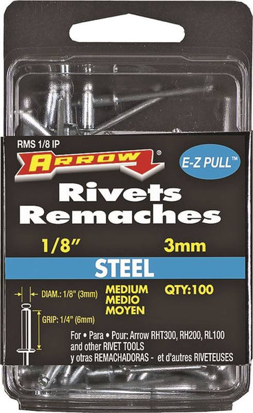 Arrow RMS1/8IP Pop Rivet, Medium, 1/4 in L, Steel