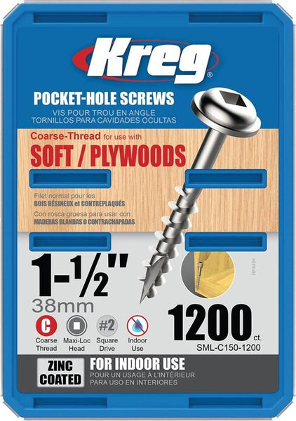 Kreg SML-C150-1200 Pocket-Hole Screw, #8 Thread, 1-1/2 in L, Coarse Thread, Maxi-Loc Head, Square Drive, Carbon Steel