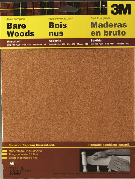 3M 9040 Sandpaper Sheet, 11 in L, 9 in W, Garnet Abrasive
