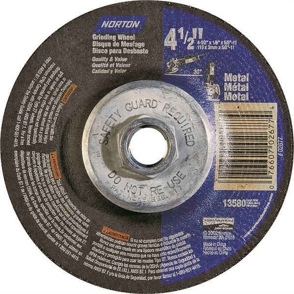 NORTON 66252843609 Grinding Wheel, 4-1/2 in Dia, 1/8 in Thick, 5/8-11 in Arbor, 24 Grit, Extra Coarse