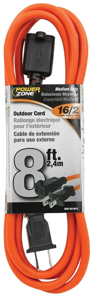 PowerZone OR481608 Outdoor Extension Cord, 16 AWG Wire, 8 ft L, Orange Sheath