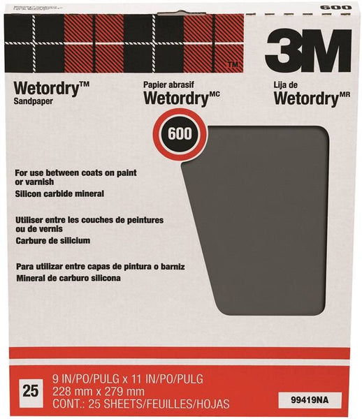 3M Wetordry 99419NA Sandpaper, 11 in L, 9 in W, Super Fine, 600 Grit, Silicon Carbide Abrasive, Paper Backing