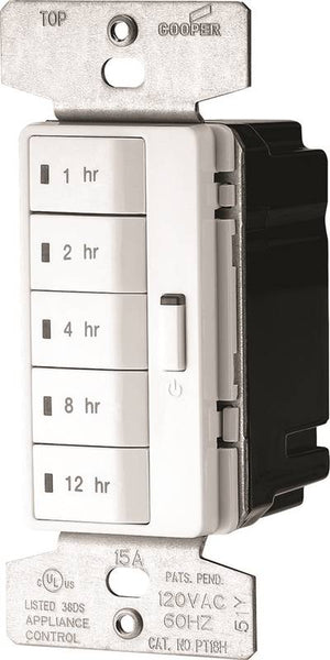 Eaton Wiring Devices PT18H-W-K Hour Timer, 15 A, 120 V, 1800 W, 1, 2, 4, 8, 12 hr Off Time Setting, White