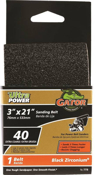 Gator 7778 Sanding Belt, 3 in W, 21 in L, 40 Grit, Extra Coarse, Zirconium Oxide Abrasive