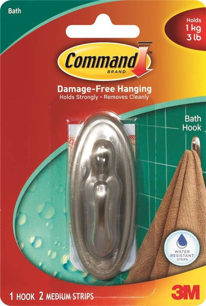 Command 17051BN-B Decorative Hook, 3 lb, 1-Hook, Plastic, Silver, Brushed Nickel