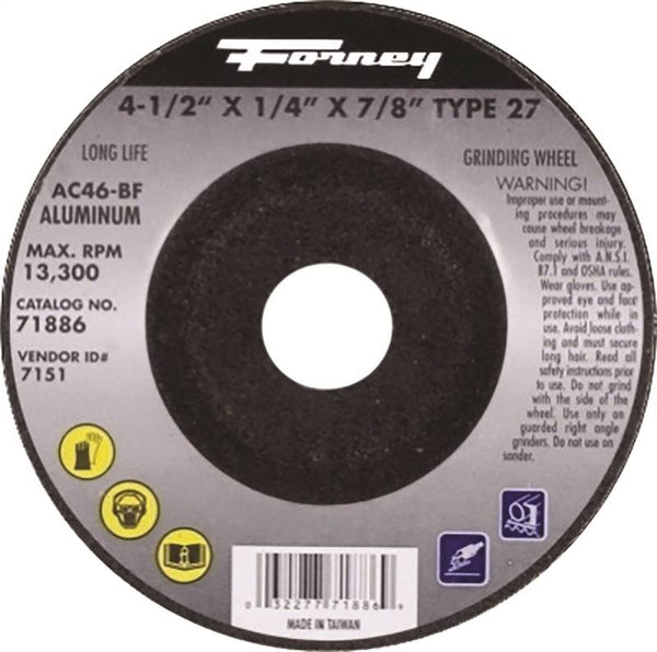 Forney 71886 Grinding Wheel, 4-1/2 in Dia, 1/4 in Thick, 7/8 in Arbor, 46 Grit, Medium, Aluminum Oxide Abrasive