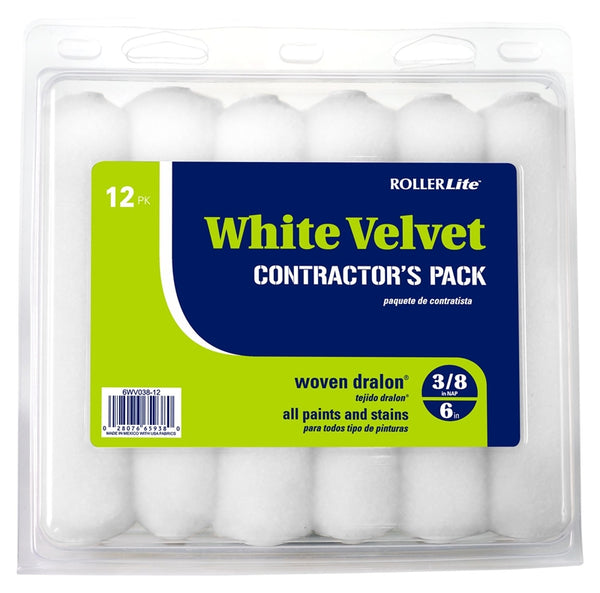 RollerLite White Velvet 6WV038-12 Mini Roller Cover, 3/8 in Thick Nap, 6 in L, Dralon Cover, White