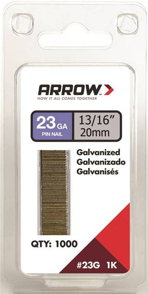 Arrow 23G20-1K Pin Nail, 13/16 in L, 23 Gauge, Galvanized Steel, Round Shank