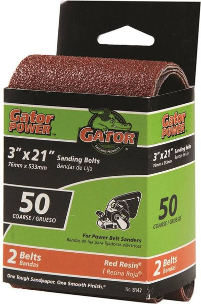 Gator 3147 Sanding Belt, 3 in W, 21 in L, 50 Grit, Coarse, Aluminum Oxide Abrasive