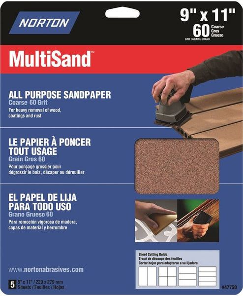 NORTON MultiSand 07660747750 Sanding Sheet, 11 in L, 9 in W, Coarse, 60 Grit, Aluminum Oxide Abrasive
