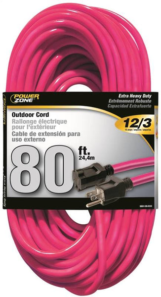PowerZone Extension Cord, 12 AWG Cable, 80 ft L, 15 A, 125 V, Neon Pink