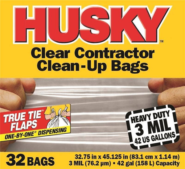 Husky HC42WC032C Clean-Up Trash Bag, 42 gal Capacity, Polyethylene, Clear