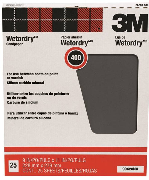 3M Wetordry 99420NA Sandpaper, 11 in L, 9 in W, Fine, 400 Grit, Silicon Carbide Abrasive, Paper Backing