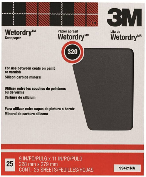 3M Wetordry 99421NA Sandpaper, 11 in L, 9 in W, Extra Fine, 320 Grit, Silicon Carbide Abrasive, Paper Backing