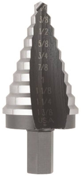 IRWIN Unibit 10235 Step Drill Bit, 1/4 to 1-3/8 in Dia, 3-1/8 in OAL, 1-Flute, 1/2 in Dia Shank, Hex Shank