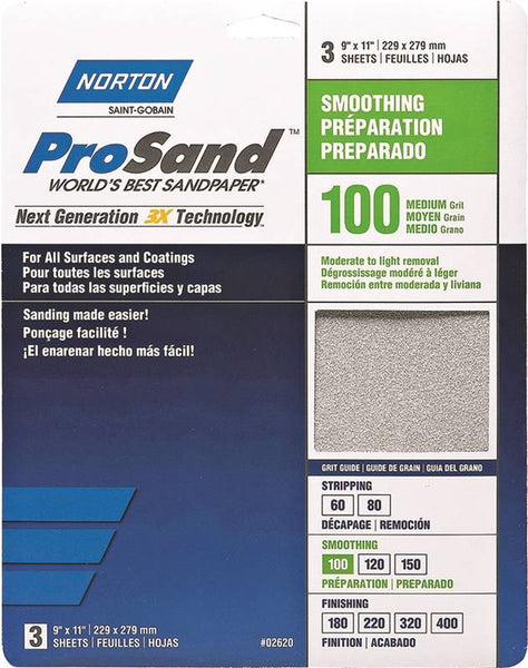 NORTON ProSand 07660768162 Sanding Sheet, 11 in L, 9 in W, Medium, 100 Grit, Aluminum Oxide Abrasive