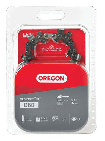 Oregon D60 Chainsaw Chain, 16 in L Bar, 0.05 Gauge, 3/8 in TPI/Pitch, 60-Link