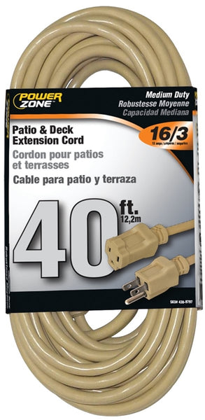 PowerZone Extension Cord, 16 AWG Cable, 40 ft L, 13 A, 125 V, Beige