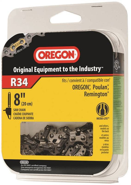 Oregon R34 Chainsaw Chain, 8 in L Bar, 0.043 Gauge, 3/8 in TPI/Pitch, 34-Link